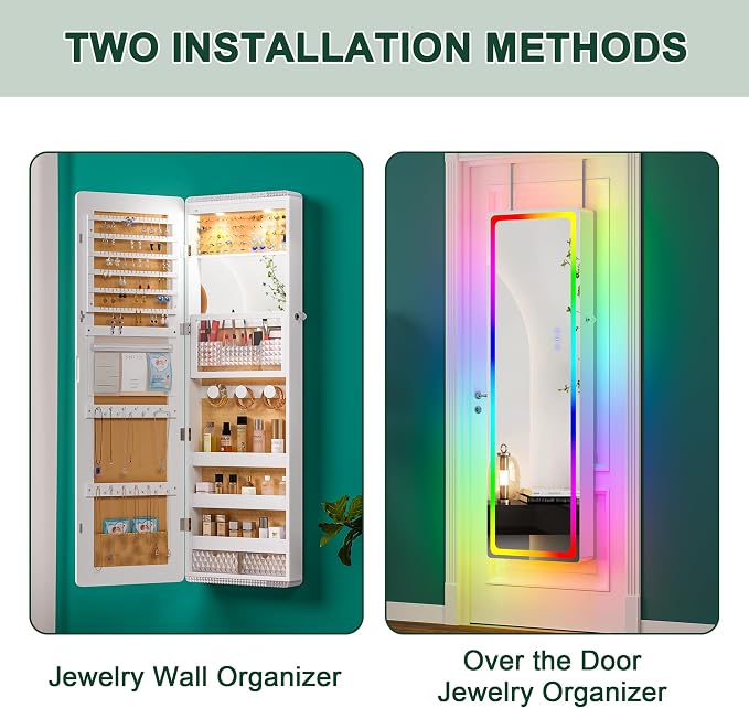 HNEBC Over the Door Jewelry Organizer with LED RGB Lights, 47.2" Full Length Mirror with Storage, Wall Mounted Jewelry Armoire, Hanging Mirror with 2 Drawers,Lokable,3 Shelves-White