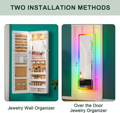 HNEBC Over the Door Jewelry Organizer with LED RGB Lights, 47.2" Full Length Mirror with Storage, Wall Mounted Jewelry Armoire, Hanging Mirror with 2 Drawers,Lokable,3 Shelves-White