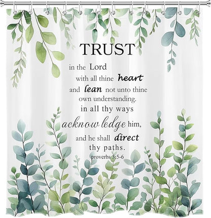 HVEST Green Eucalyptus Bathroom Sets with Shower Curtain and Rugs, Sage Green Leaf Plant and Bible Verse on White Shower Curtain Modern Polyester Fabric Bathroom Shower Curtain Sets,70L X 70W inches