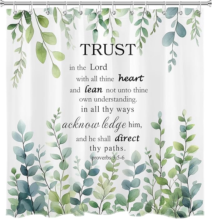 HVEST Eucalyptus Bible Verse Shower Curtain Sage Green Leaf Plant and Inspirational Quotes on White Fabric Shower Curtain with Hooks Nature Botanical Bathroom Curtains Shower Set,78L X 72W inches