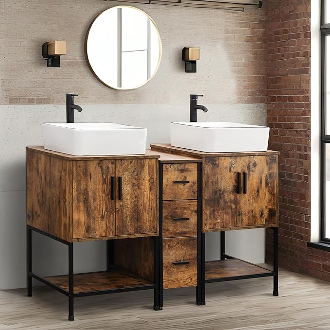 UEV Rustic Brown 60" Double Bathroom Vanity with Sink Combo,Industrial Iron Frame 2 Main Bathroom Vanity with Middle 3 Drawers Cabinet,Modern Artistic Ceramic Vessel Sink(031WH)