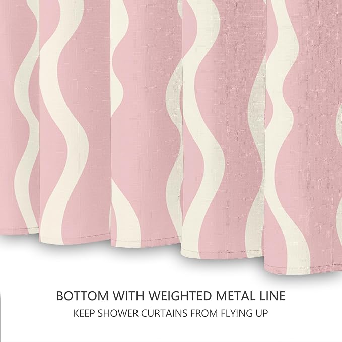 Tititex Cute Curvy Wavy Lines 140gsm Faux Linen Fabric Shower Curtain, Elegant Beige Pink Wave Striped Shower Curtain Sets Decoration 72x72 Inch with Hooks