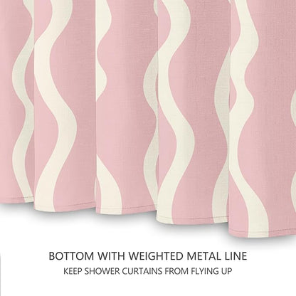Tititex Cute Curvy Wavy Lines 140gsm Faux Linen Fabric Shower Curtain, Elegant Beige Pink Wave Striped Shower Curtain Sets Decoration 72x72 Inch with Hooks