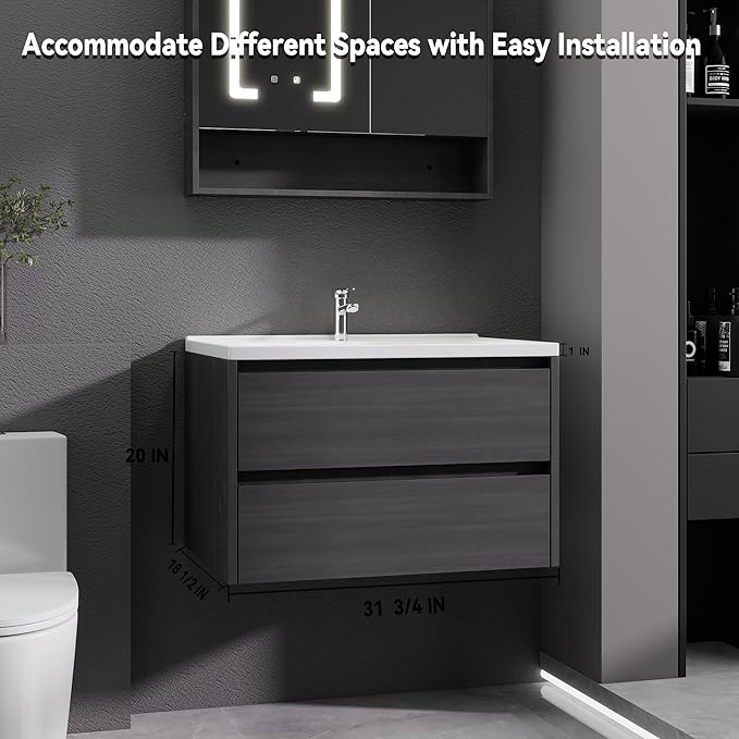 Grey Floating Bathroom Vanity with Sink, 31x18 Inch Wall Mounted Bathroom Cabinet with 2 Drawers, Modern Single Sink Vanity for Small Bathroom, Space-Saving Storage Cabinet