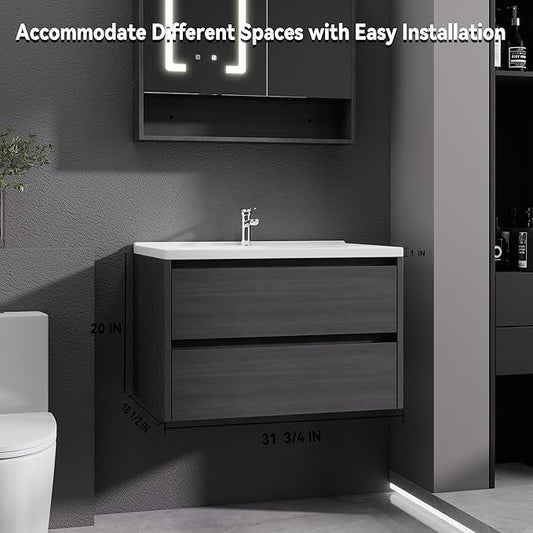 Grey Floating Bathroom Vanity with Sink, 31x18 Inch Wall Mounted Bathroom Cabinet with 2 Drawers, Modern Single Sink Vanity for Small Bathroom, Space-Saving Storage Cabinet