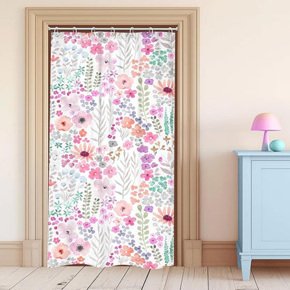 Small Stall Narrow Purple Floral Stand Up Half Bathroom Shower Curtain Set | 72"W x 72"H Single Flowers; waterproof HD print, quick-dry fabric with 12 hooks for easy hanging.