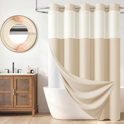 72x99 Ringless Linen Textured Shower Curtain with Snap in Liner, Cream | Extra Long Size, 3 in 1 Durable Fabric Shower Curtain, Removable Liner, Waterproof & Washable, Mesh Top Window, Easy Setup