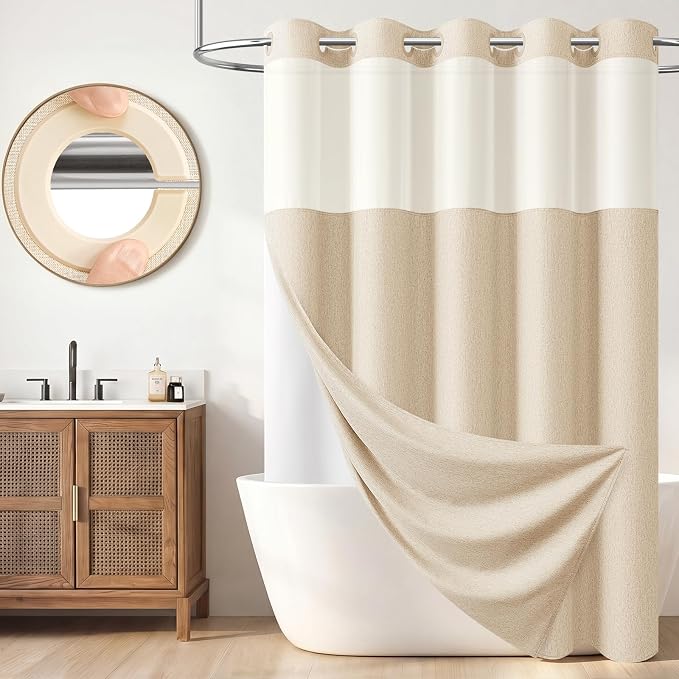 72x78 Ringless Linen Textured Shower Curtain with Snap in Liner, Cream | Long Size, 3 in 1 Shower Curtain Set, Removable Liner, Waterproof & Washable, Mesh Top Window, Durable Fabric, Easy Setup