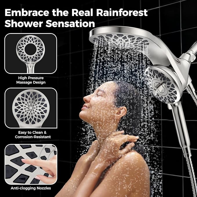 High Pressure Rain Shower Head with Handheld Spray Combo | Detachable Dual Shower Head with 10 Sprays Modes - Upgrade Knob Spray Mode Selector and Magnetic Guidance Docking System