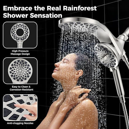 High Pressure Rain Shower Head with Handheld Spray Combo | Detachable Dual Shower Head with 10 Sprays Modes - Upgrade Knob Spray Mode Selector and Magnetic Guidance Docking System