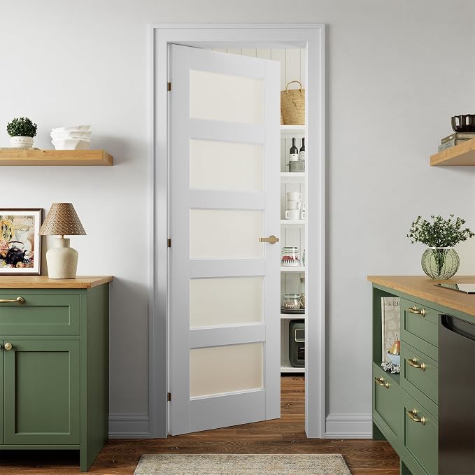 SMARTSTANDARD 28" x 80" Frosted Glass Pantry Door, Solid Core Slab Door | Pre-Assembled 5-Panel without Hardware, French Interior Door for Pantry Pocket, White Primed