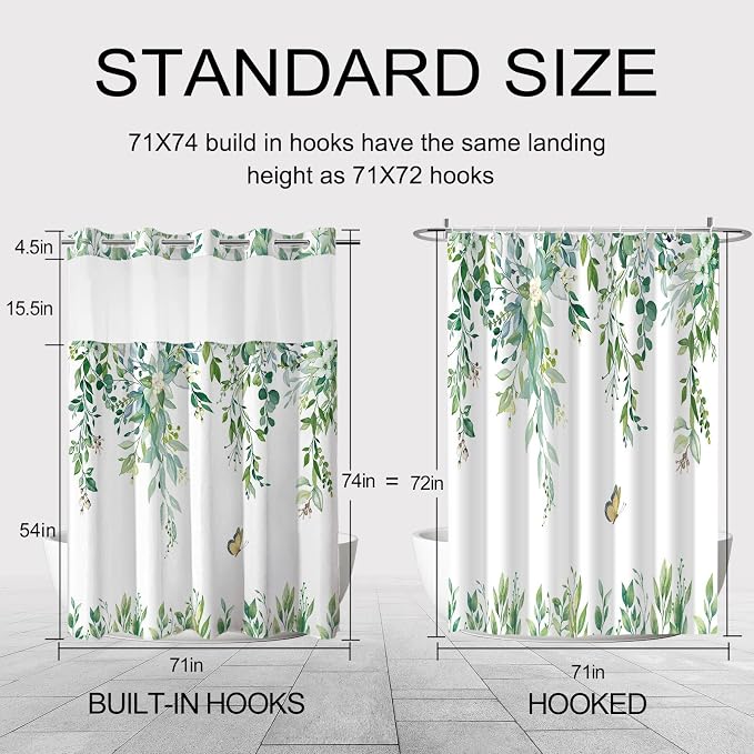 No Hook Shower Curtain and Liner Set, Light Green Eucalyptus 71x74 | Floral Design, with Snap in Liner, Waterproof, Machine Washable, Quick-Drying, for Hotel Bathroom