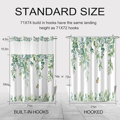No Hook Shower Curtain and Liner Set, Light Green Eucalyptus 71x74 | Floral Design, with Snap in Liner, Waterproof, Machine Washable, Quick-Drying, for Hotel Bathroom