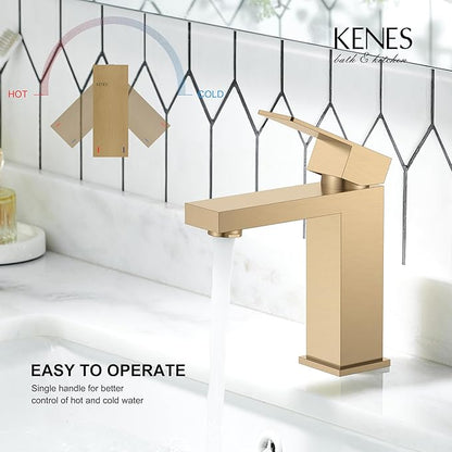 KENES Champagne Bronze Bathroom Faucet 1 Hole, Single Handle Gold Bathroom Sink Faucet, Vanity Faucet with Pop Up Drain and Supply Lines, LJ-9031-CB