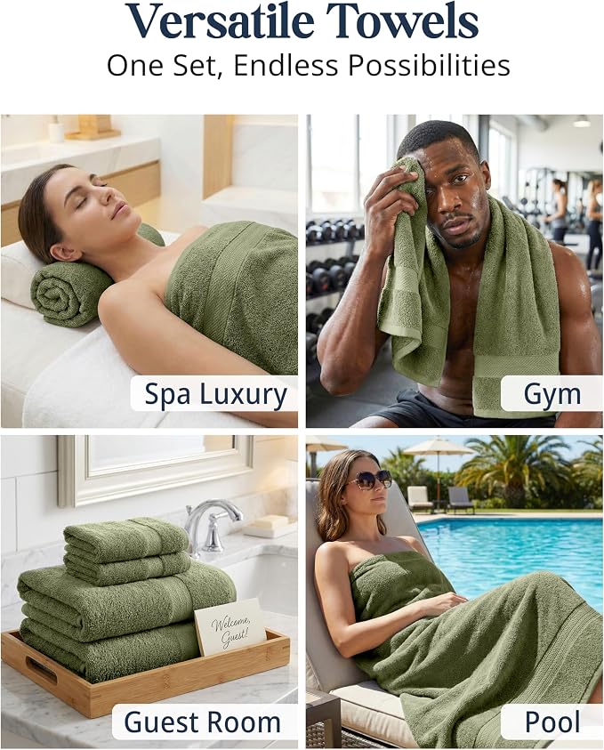 LANE LINEN Large Bath Towel Set Absorbent Quick Dry 100% Cotton - Oil Green | Soft Cotton Towels - Fade-Resistant Color, Classic Terry Weave, Densely Woven & Durable, Easy-Care, Coordinated Colors