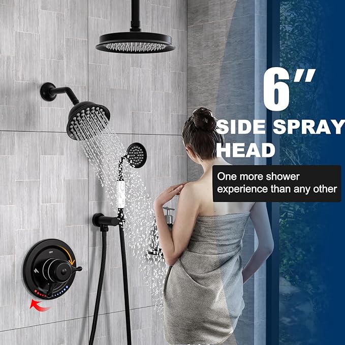 Antique Brass Shower System, 9" & 6" Dual Rain Heads and Handheld Spray Vintage Fixtures, 3-Function Dual Knob Valve with Separate Temperature Control, Matte Black
