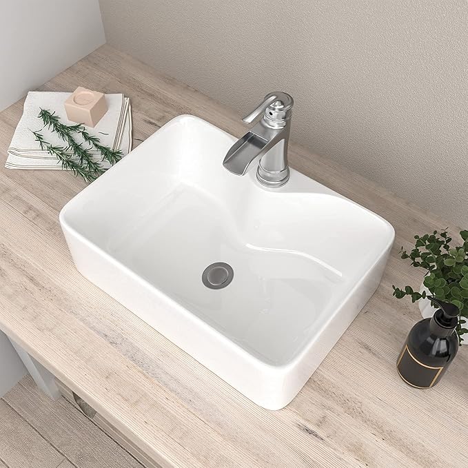 Mocoloo 19 Inch Rectangle Vessel Sink with Faucet Hole 19"x15" White Ceramic Countertop Bathroom Vanity Sink Basin Above Counter Porcelain Lavatory Sink