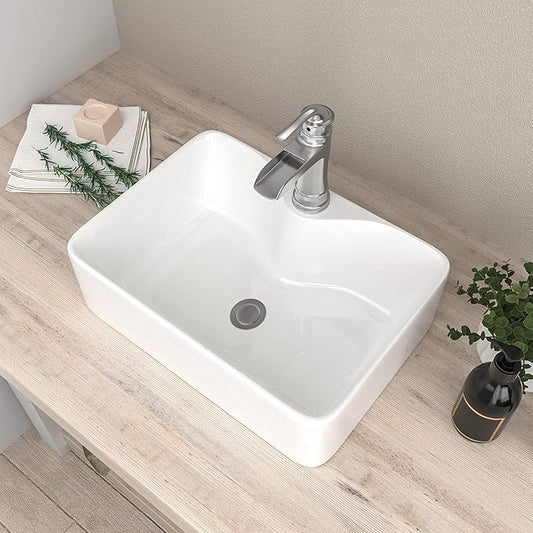 Mocoloo 19 Inch Rectangle Vessel Sink with Faucet Hole 19"x15" White Ceramic Countertop Bathroom Vanity Sink Basin Above Counter Porcelain Lavatory Sink