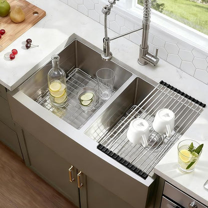 33 Inch Double Bowl Divided 50/50 Farmhouse Sink, 33x21 Stainless Steel Undermount Apron Front Farm Kitchen Sink