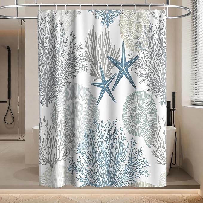 Cute Kids Ocean Shower Curtain Modern Luxury Nautical Tropical Seashell | Summer Shower Curtains for Bathroom, Waterproof Bath Curtain with Hooks Machine Washable Bathtub Curtains 60x72 Inch Blue