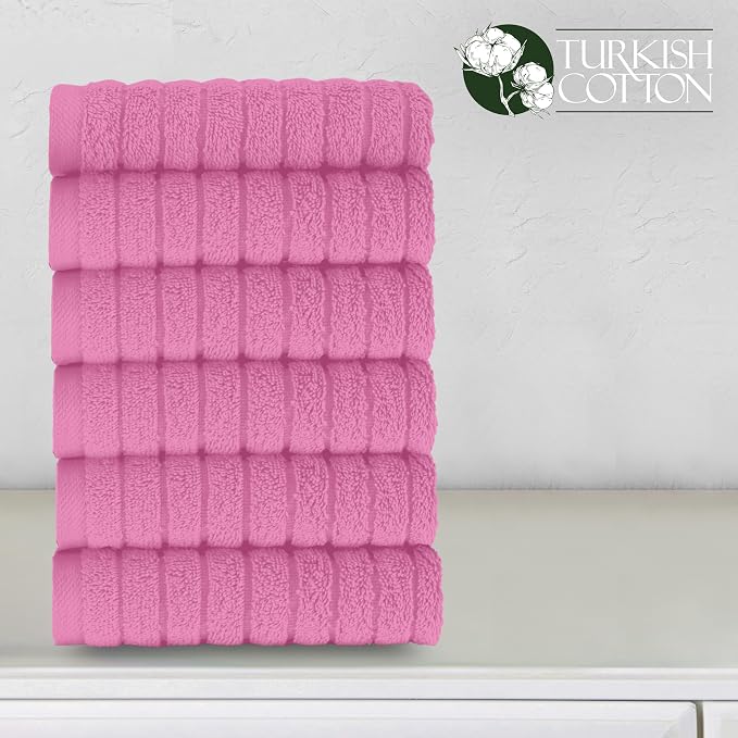 Elegant Comfort 100% Turkish Cotton Corduroy Ribbed Luxury Washcloths 6 Pack Soft 13 x 13 Inch - Higly Absorbent, Durable, Quick Dry, Spa Premium Hotel Quality for Bathroom or Travel, Light Pink