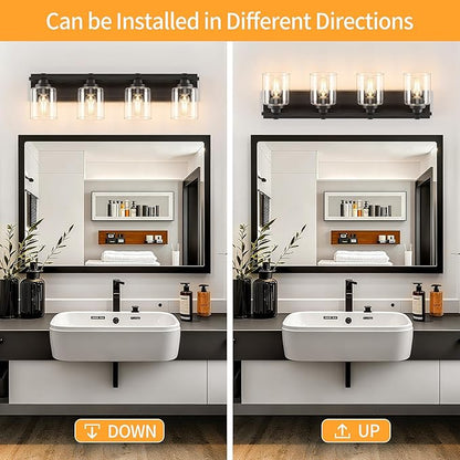 4 Light Modern Bathroom Light Fixtures Over Mirror, Black Vanity Lights for Bathroom Wall Sconces with Clear Glass Shades, E26 Socket (Bulbs Not Included)