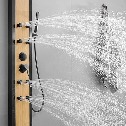 BWE Shower Massage Panel Black 8-Jet Multifunction Shower Panel System Bamboo Wood and Stainless Steel Panel with Handheld Wand Wall Mount Shower Column