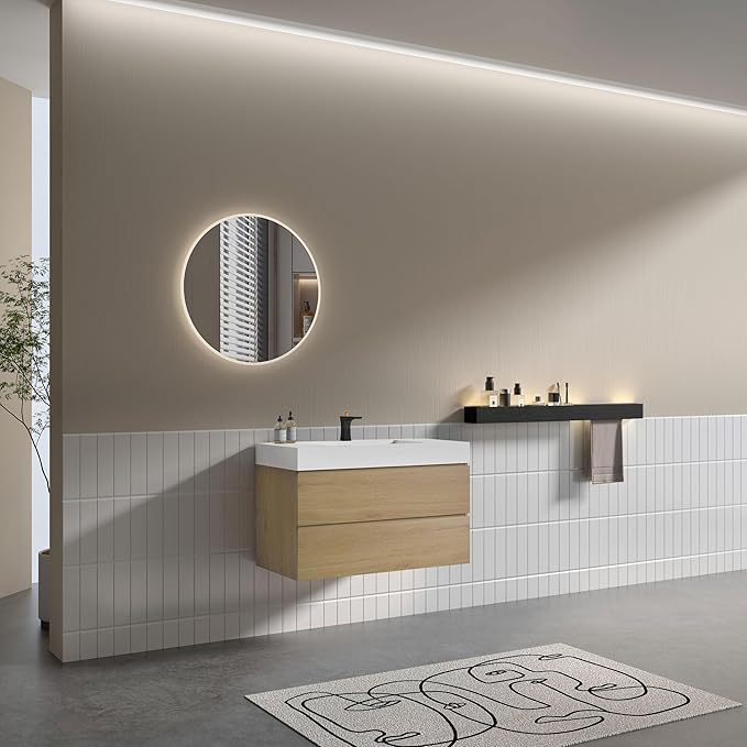 36" Floating Bathroom Vanity with Sink, Modern Bathroom Cabinet with Top and Soft Close Drawers, Spacious Storage for Small Space, Natural Oak - Lavanda Collection