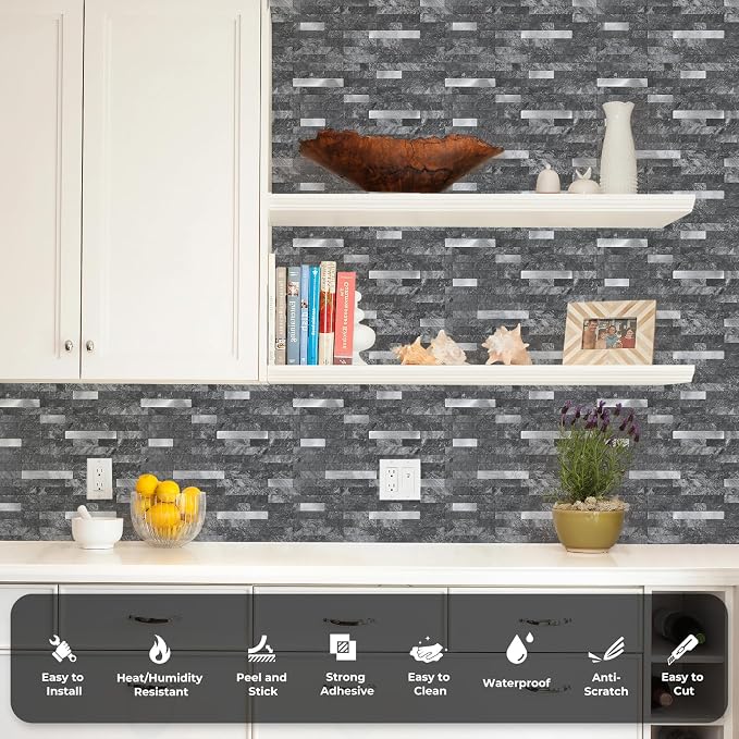 STICKGOO Peel and Stick Backsplash,PVC Wall Tiles Stick on Backsplash for Kitchen(10 Sheets, Black Slate with Metal Silver),(12 inch x 11.7 inch)