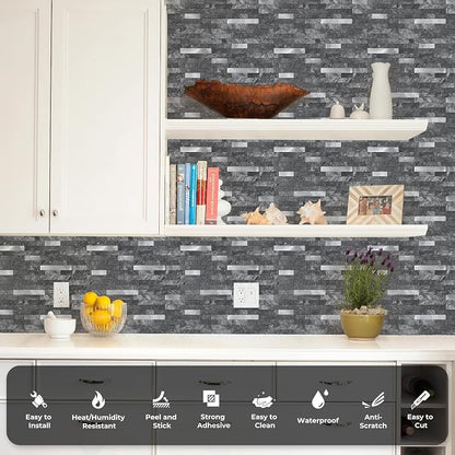 STICKGOO Peel and Stick Backsplash,PVC Wall Tiles Stick on Backsplash for Kitchen(10 Sheets, Black Slate with Metal Silver),(12 inch x 11.7 inch)