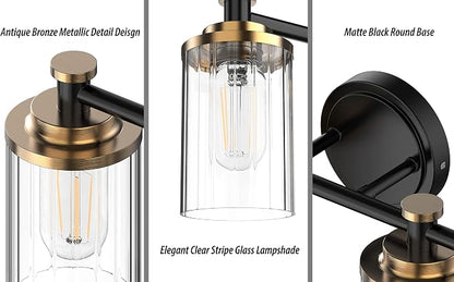 Bathroom Lighting Fixtures Black and Brass Bathroom Vanity Light with Cylindrical Clear Stripes Glass Lampshade E26 Socket Base Bathroom Lighting Fixtures Over Mirror (3 Lights)