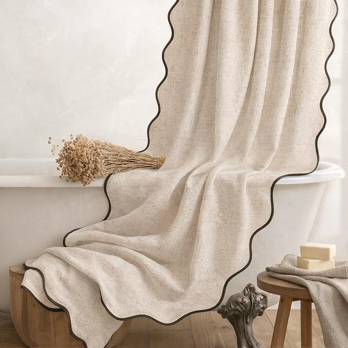 Scalloped Shower Curtain Linen Boho Beige 72" W x 78" L | Linen Fabric, Black Border, Washable, Heavy Duty Cloth, Shower Curtain for Boho Farmhouse Bathroom Bathtub