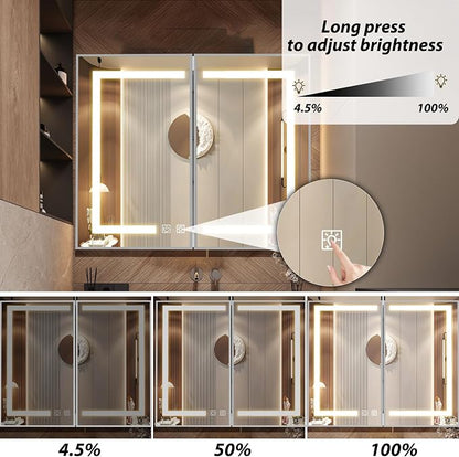 APRILSOUL 40x32 Inch Lighted Bathroom Medicine Cabinet with Mirror, Silver Recessed or Surface Mount Medicine Cabinet Mirror with Storage and LED Lights, 3 Colors Temperature, Dimmable Light