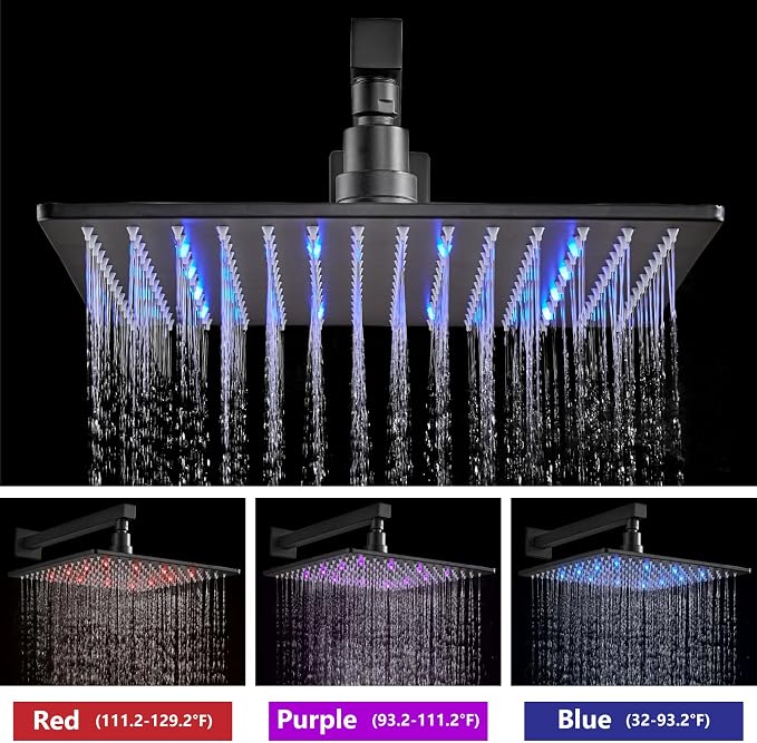Aolemi Shower Faucet Set with Valve Handheld 12" LED Head Matte Black | Handheld Spray,12 Inch Rain LED Head,Valve and Trim Kit,All Metal,Wall Mount Shower System,Bathroom Mixer