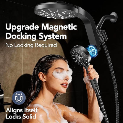 High Pressure Rain Showerhead Combo, 2026 Magnetic Shower Head Set with Detachable 8-Mode Handheld Shower Spray, Adjustable Angle Dual Showerhead with Built-in Magnetic Docking and Power Jets, ‎Black