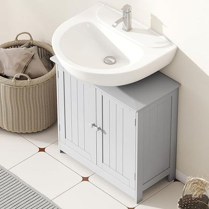 HOMCOM Under Sink Bathroom Cabinet, Pedestal Sink Storage Cabinet with 2 Doors, Shelf and U-Shape, Light Gray