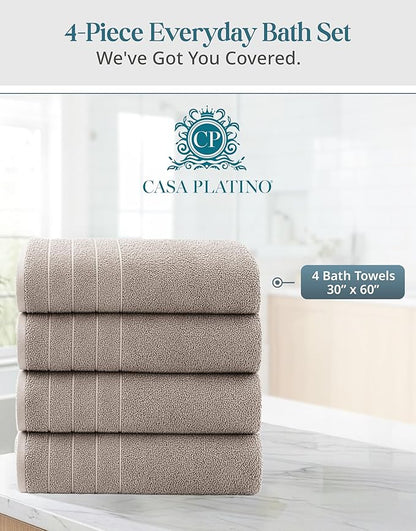 Casa Platino 100% Cotton Bath Towels Set of 4 (30"x60") - Ring Spun Mercerized Cotton Bathroom Towel Sets - Quick Dry, Soft & Absorbent Grey Towels Set - Pre Shrunk, Fade Resistant - Platinum