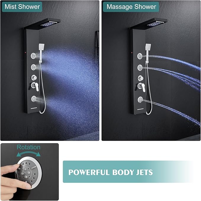 LED Shower Panel Tower System, 6-in-1 Shower Tower with Rainfall Waterfall Shower Head, 2 Modes Powerful Body Jets, Handheld Shower and Tub Spout, Stainless Steel Shower Column, Black