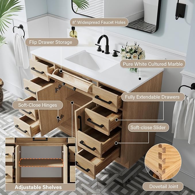 48-Inch Bathroom Vanity with Sink W/ 2 Doors & 8 Drawers & 1 Flip Drawer, Oak Vanity W/Matte Black Handles