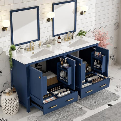 LUMISOL 60" Double Sink Bathroom Vanity, Solid Wood Bathroom Sink Cabinet with 2 Drawers, Storage Racks & 2 Cabinets, Separate 2 Bathroom Vanities with Ceramic Sink, Mirror Not Included, Blue
