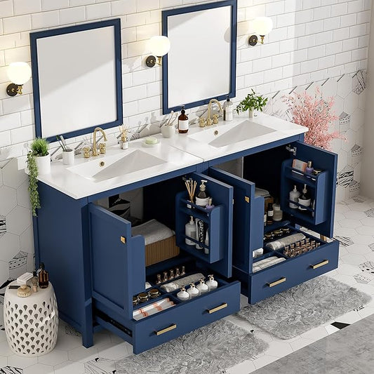 LUMISOL 60" Double Sink Bathroom Vanity, Solid Wood Bathroom Sink Cabinet with 2 Drawers, Storage Racks & 2 Cabinets, Separate 2 Bathroom Vanities with Ceramic Sink, Mirror Not Included, Blue