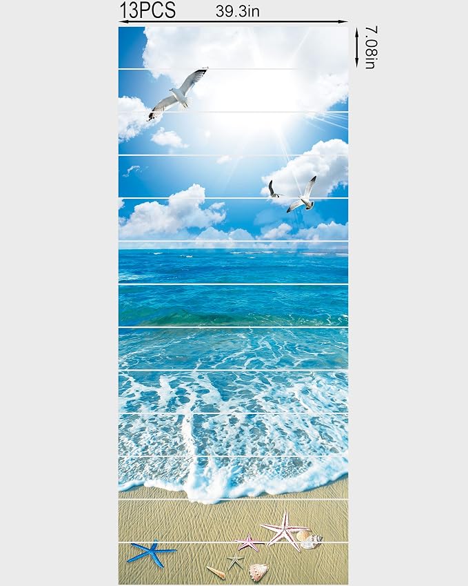 FLFK Stair Decals - Stair Stickers Decals Peel and Stick,Sunshine Ocean Beach Stair Risers Decals Self-Adhesive for Home Decor, 39.3" W x 7.08" H x 13Pcs