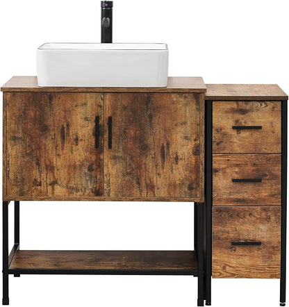 UEV 42" Rustic Brown Bathroom Vanity with Sink Combo,Industrial Iron Frame Bathroom Cabinet Sets with 3 Drawers Side Cabinet,Modern Artistic Ceramic Vessel Sink(031WH)