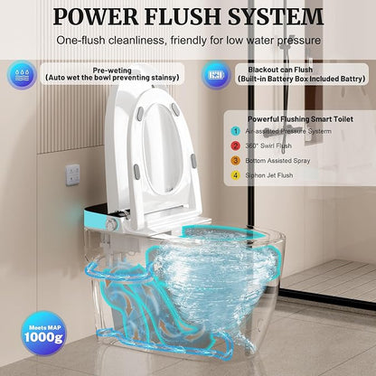 Smart Toilet with Heated Seat & Dual Auto Flush, Foot Sensor, Tankless One-Piece Electric Toilet with Manual Soft-Close Seat & Lid, Night Light, LED Display & 1000g Powerful Flush, 0.8/1.28GPF