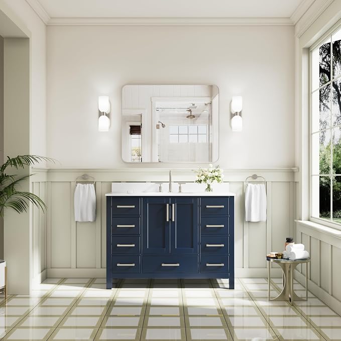 48-Inch Bathroom Vanity with Sink, 2 Soft-Close Doors and 9 Soft-Close Drawers, Bathroom Freestanding Vanity with Cultured Marble Countertop, Navy Blue Vanity with Brushed Nickel Handles