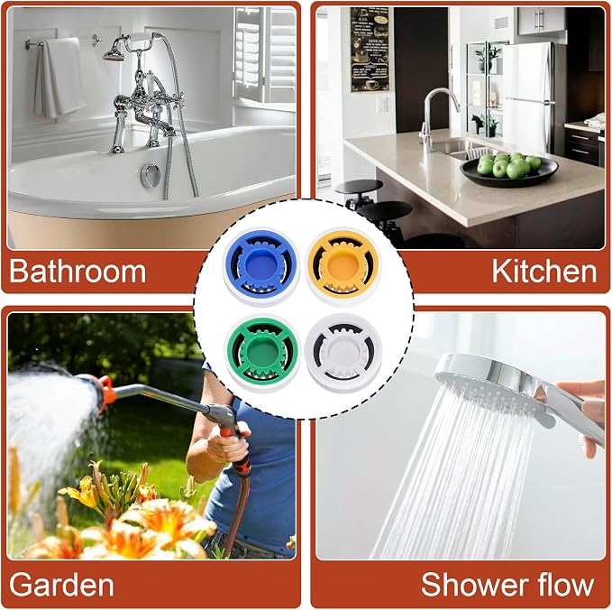 4pcs Shower Head Flow Restrictor, 1.5/1.8/2.0/2.5 GPM | Shower Head Water Saver, Plastic, 0.56 0.54 0.21 in, Universal Size, 14mm Connector