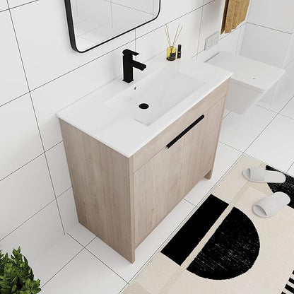 36'' Freestanding Bathroom Vanity, 36 Inch Floor Stand Bathroom Vanity with Sink, Single Ceramic Sink Cabinet Set, Modern Storage Cabinet, with Soft Closing Door, 02436PLO+9090B