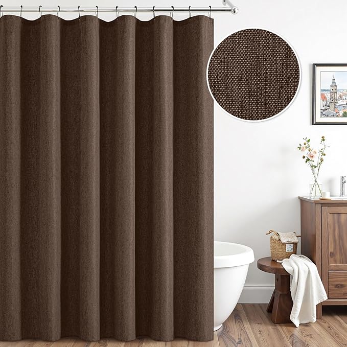ANRODUO Brown Linen Textured Fabric Shower Curtain Set - W72xL84 | Farmhouse Shower Curtain with 12 Metal Hooks, Waterproof Heavy Duty, Button Hole Design, Machine Washable for Bathroom