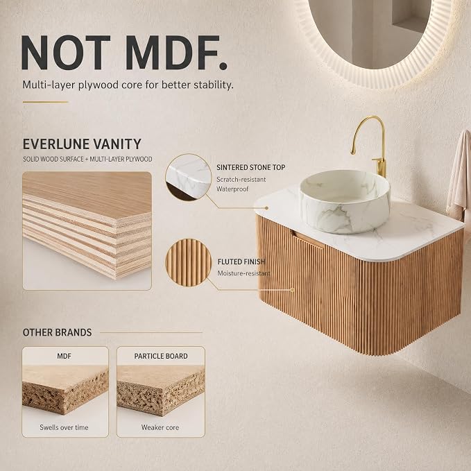30 Inch Bathroom Vanity with Sink, Floating Wall Mounted Single Sink Vanity, Natural Woodgrain Curved Fluted Front, Stone Top, Marble-Look Round Vessel Basin, Pre-Assembled