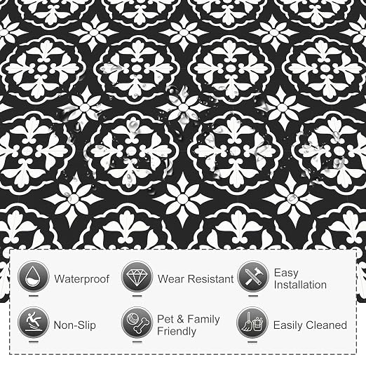 MORCART 20PCS 7.87" x 7.87" Peel and Stick Floor Tile, Black & White Retro | Self-Adhesive DIY Vinyl Flooring, Removable and Waterproof Tile Sticker for Bathroom, Kitchen, Wall, Bedroom, Stairs
